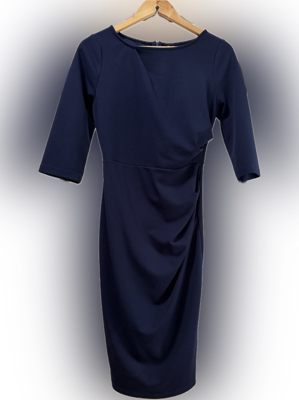 MIUSOL Navy Blue Ruched Sheath Midi Dress Small Quiet Luxury Office Siren